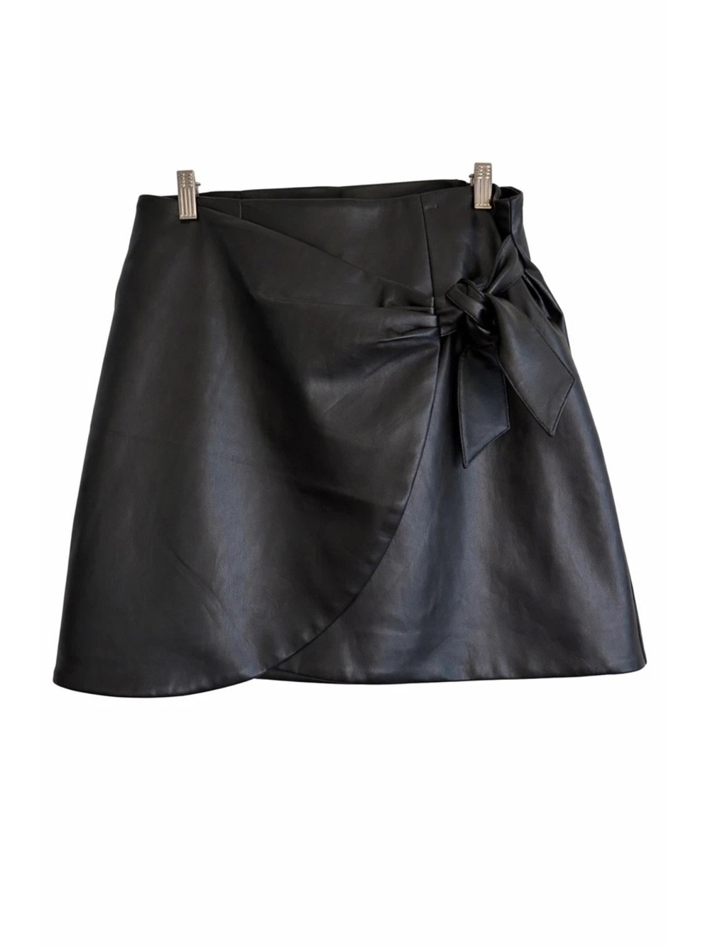 NWT LOFT Black Faux Leather Wrap Mini Skirt with Side Bow